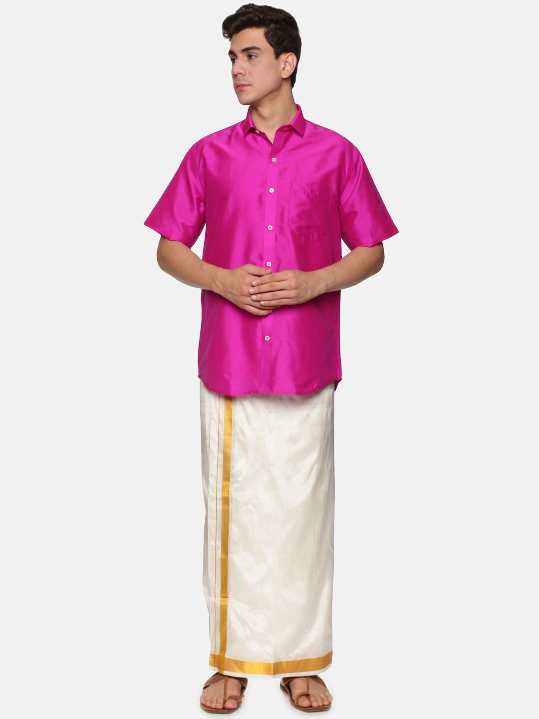 

Sethukrishna Men Pink & White Solid Shirt with Dhoti