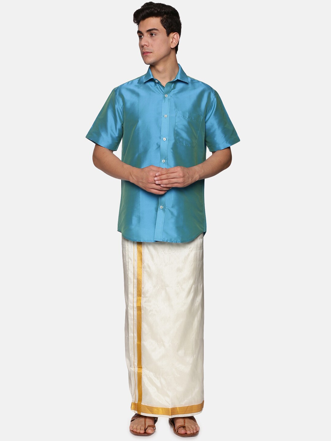 

Sethukrishna Men Turquoise Blue & White Solid Shirt with Dhoti