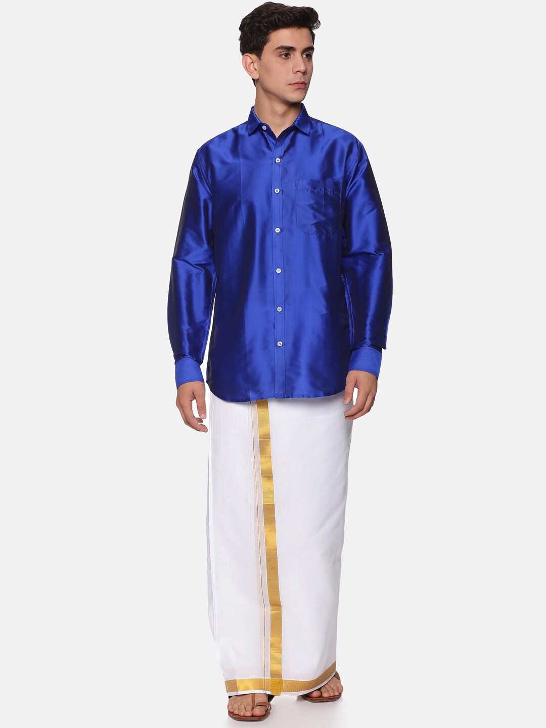 

Sethukrishna Men Navy Blue & White Shirt & Dhoti with Angavastram Set