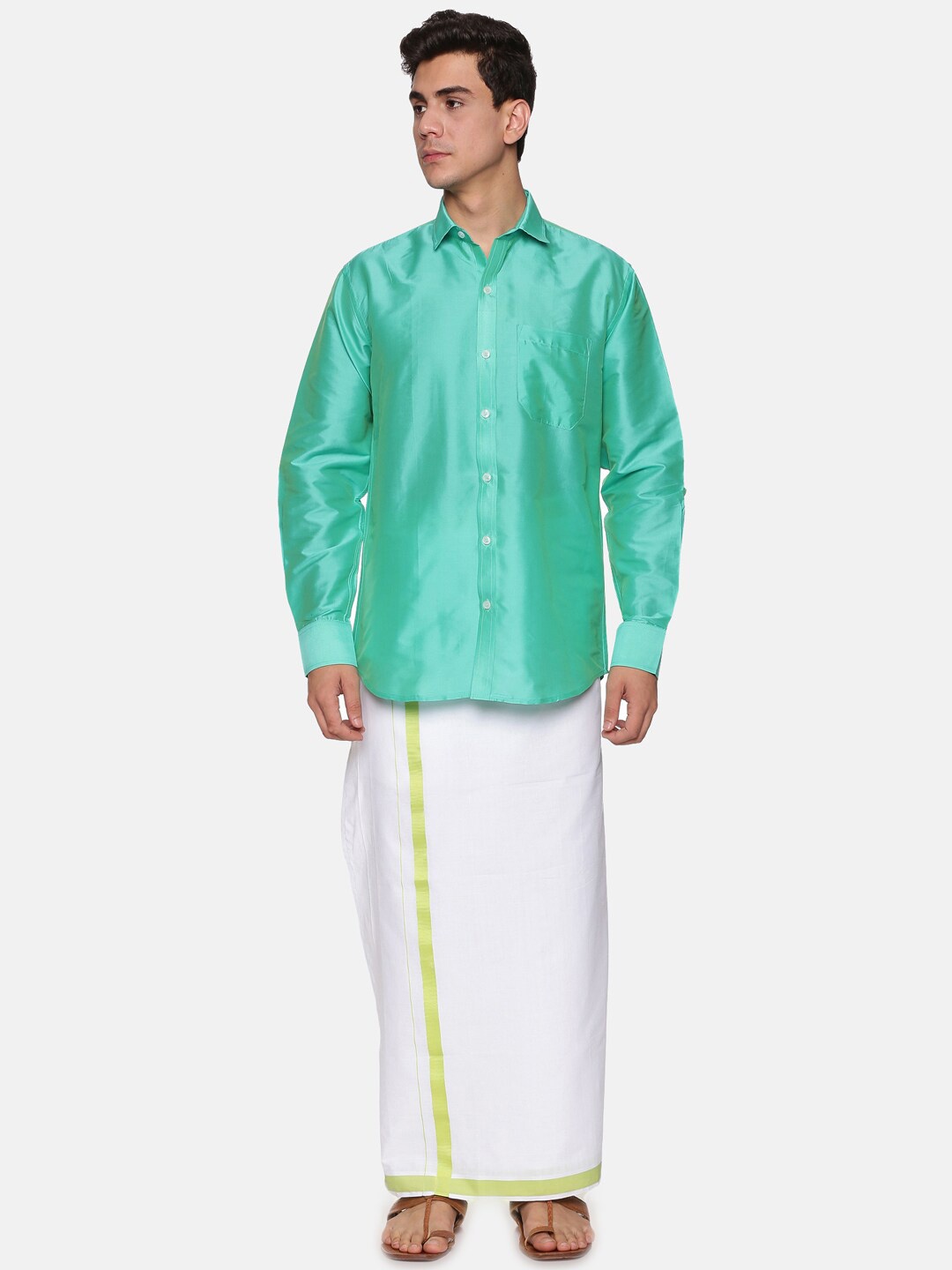 

Sethukrishna Men Sea Green & White Shirt with Dhoti Pants