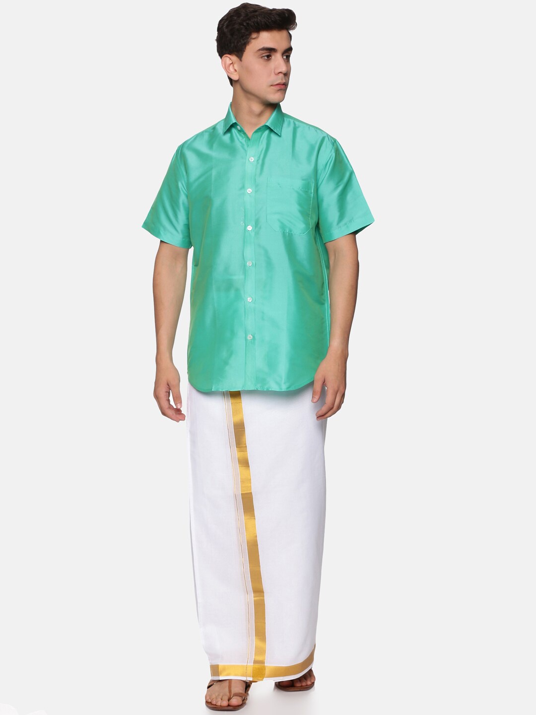 

Sethukrishna Men Fluorescent Green & White Shirt with Dhoti