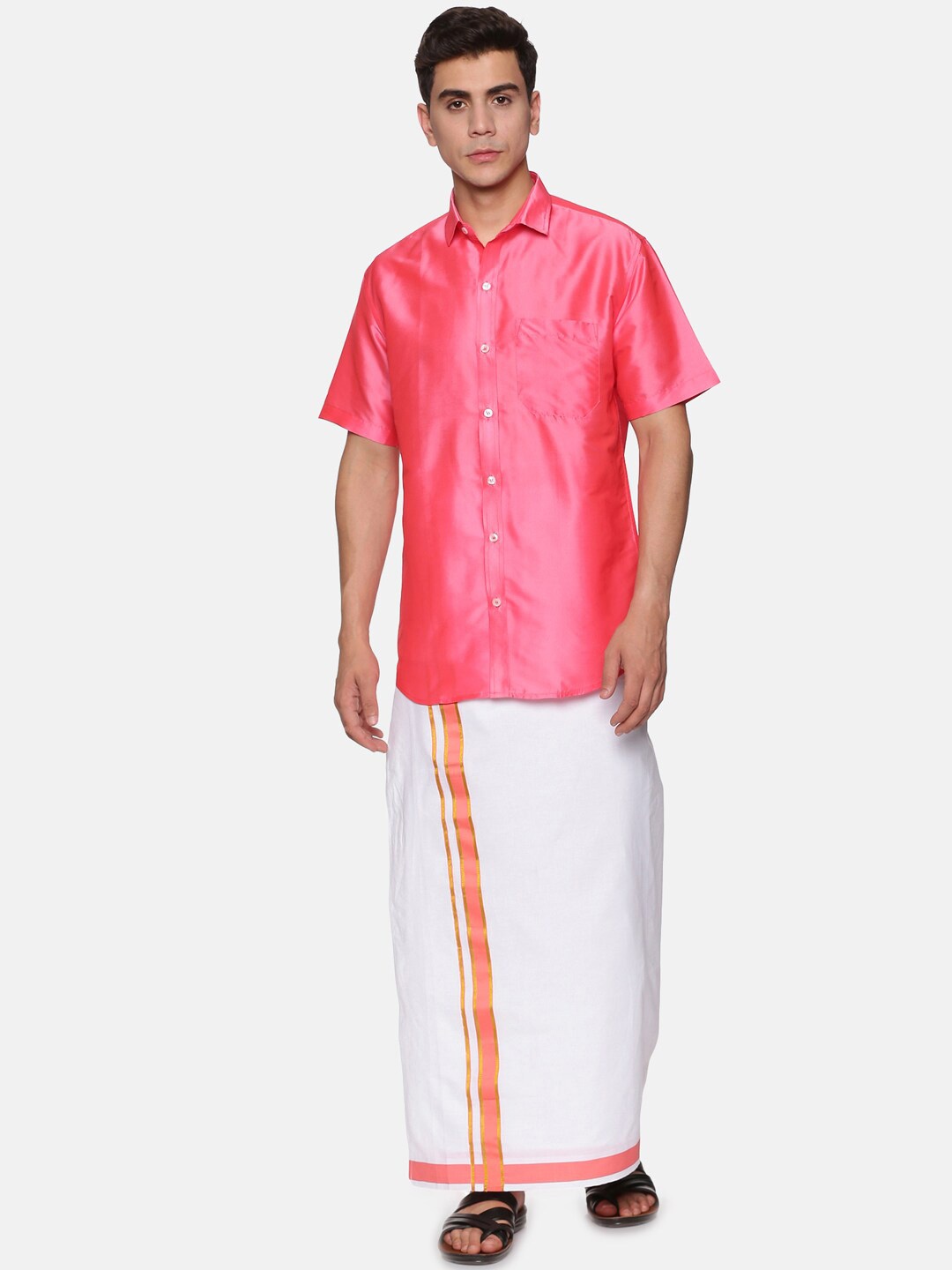 

Sethukrishna Men Peach-Coloured & White Shirt & Dhoti with Angavastram Set