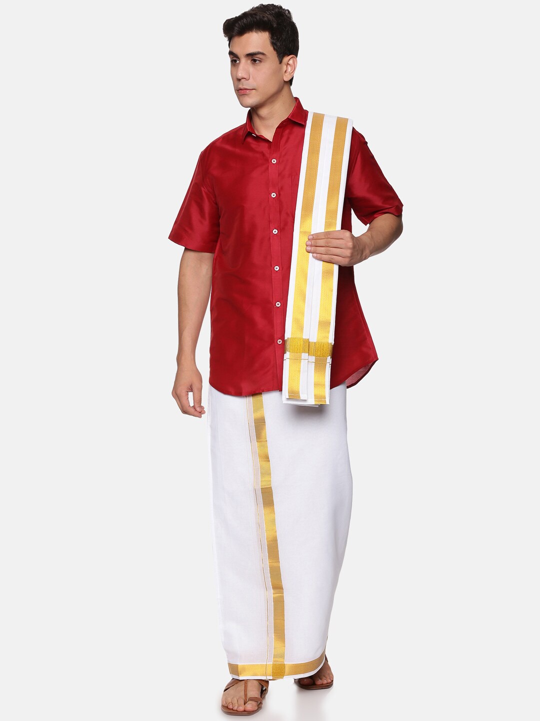 

Sethukrishna Men Maroon & White Shirt & Dhoti with Angavastram Set