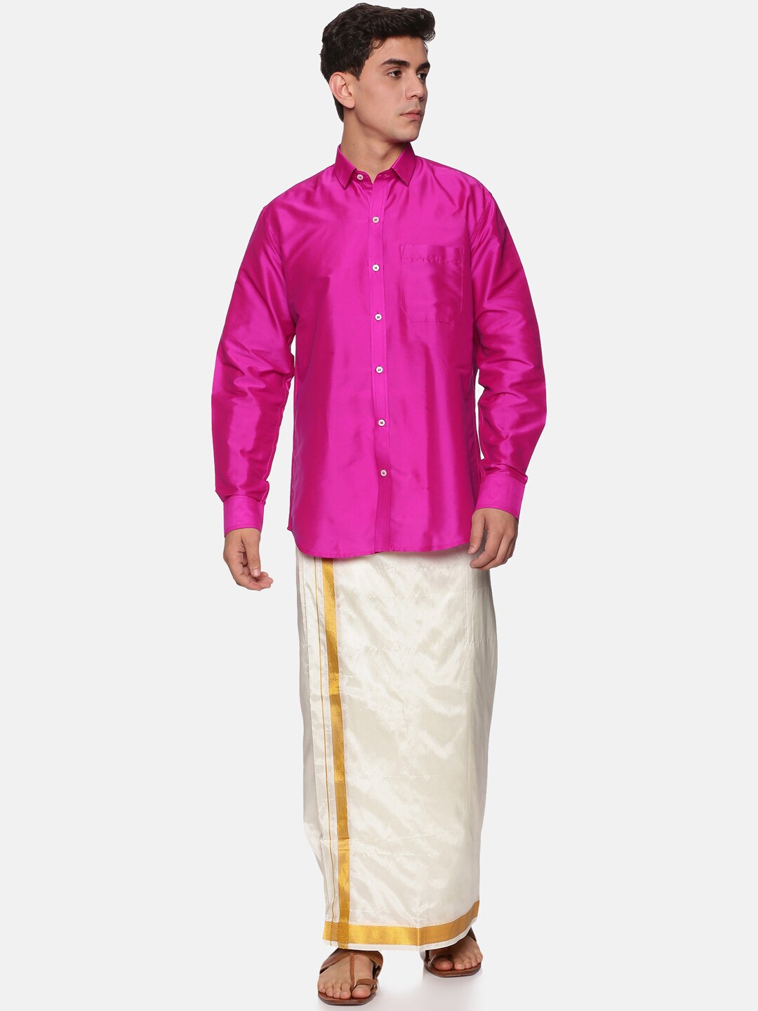 

Sethukrishna Men Pink & White Solid Shirt with Dhoti