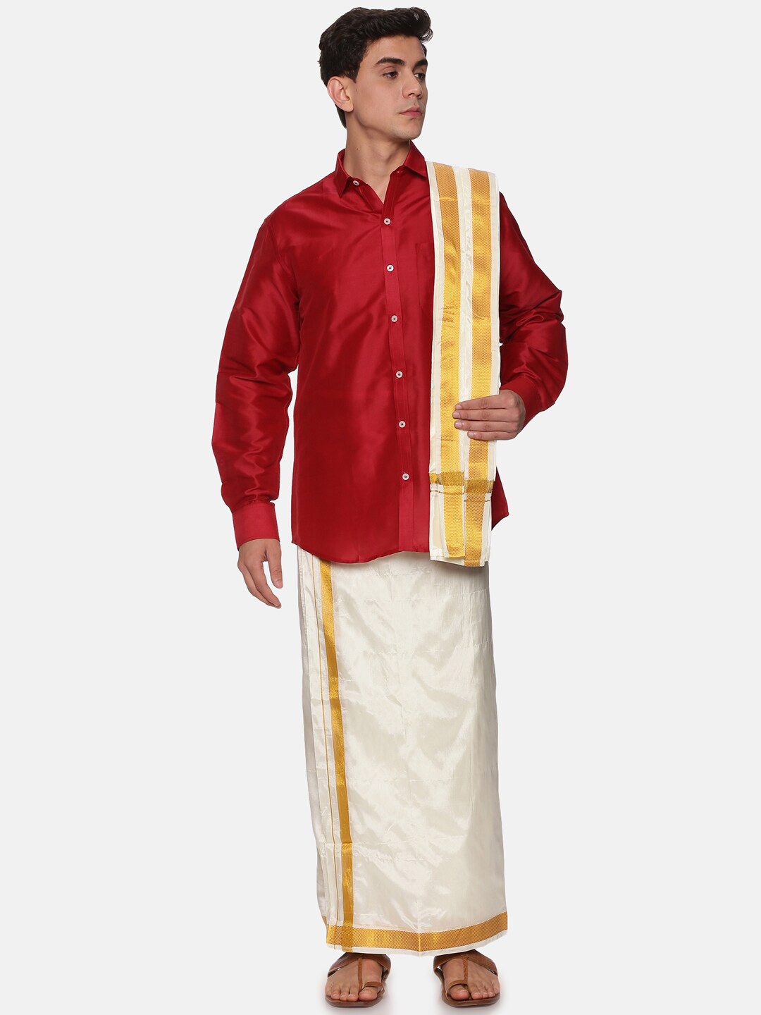 

Sethukrishna Men Maroon & White Solid Short Sleeves Shirt with Dhoti & With Angavastram