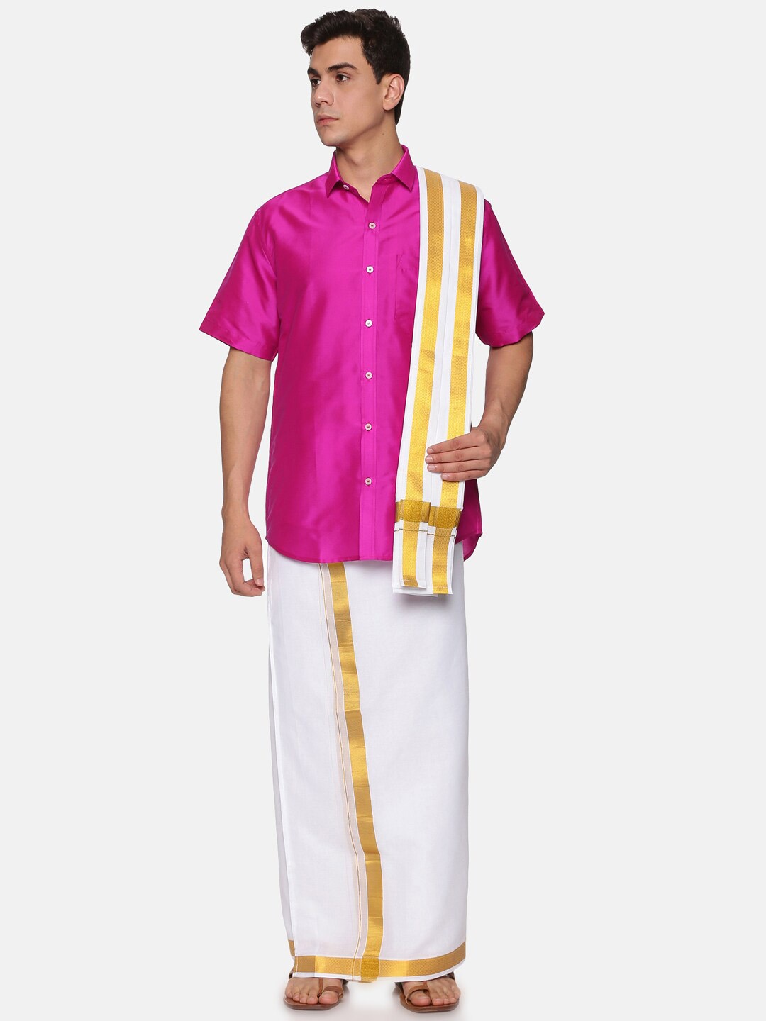 

Sethukrishna Men Pink & White Shirt with Dhoti with Angavastram Set