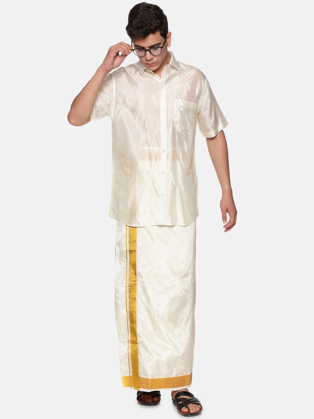 

Sethukrishna Men Cream-Coloured & White Shirt with Dhoti Set