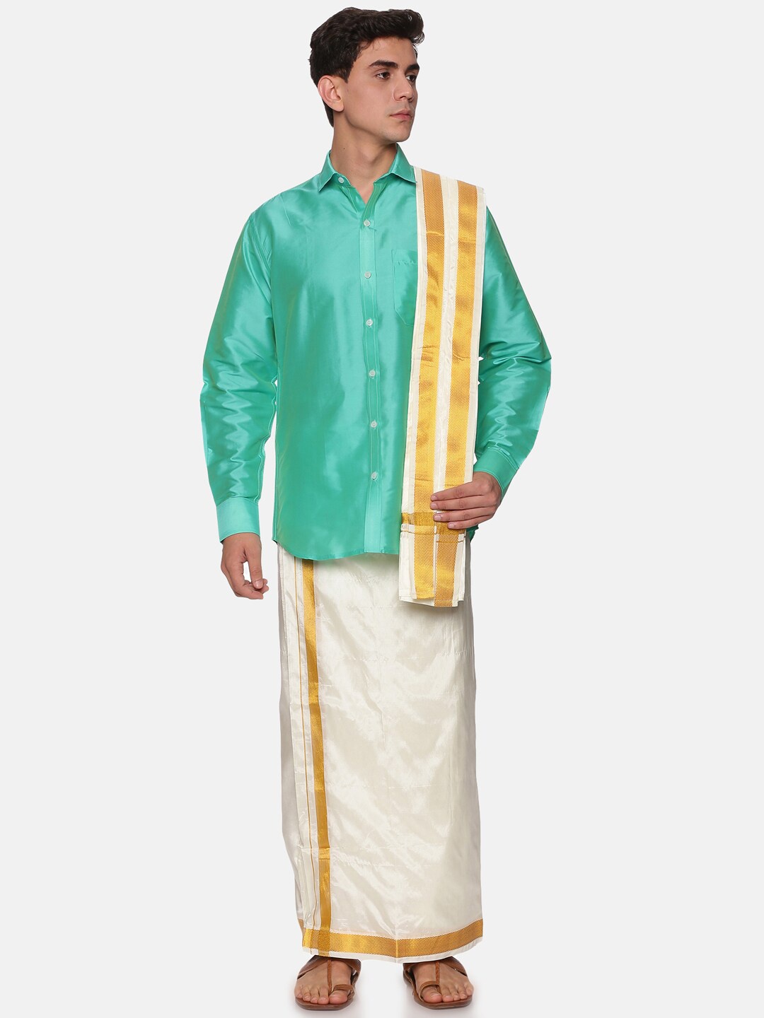 

Sethukrishna Men Sea Green & White Shirt with Dhoti Pants