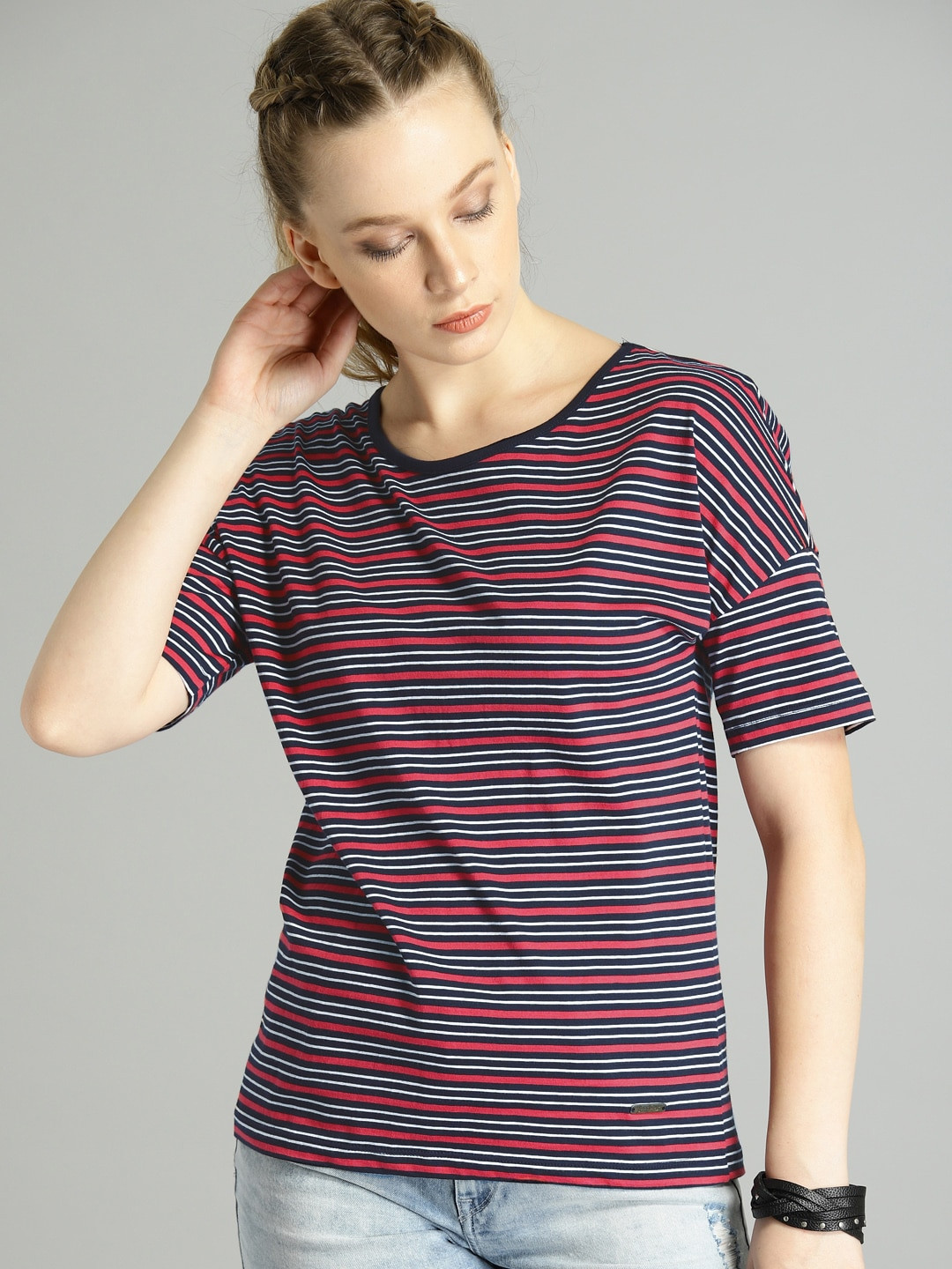 

Roadster Women Red Navy Blue Striped Round Neck Pure Cotton T-shirt