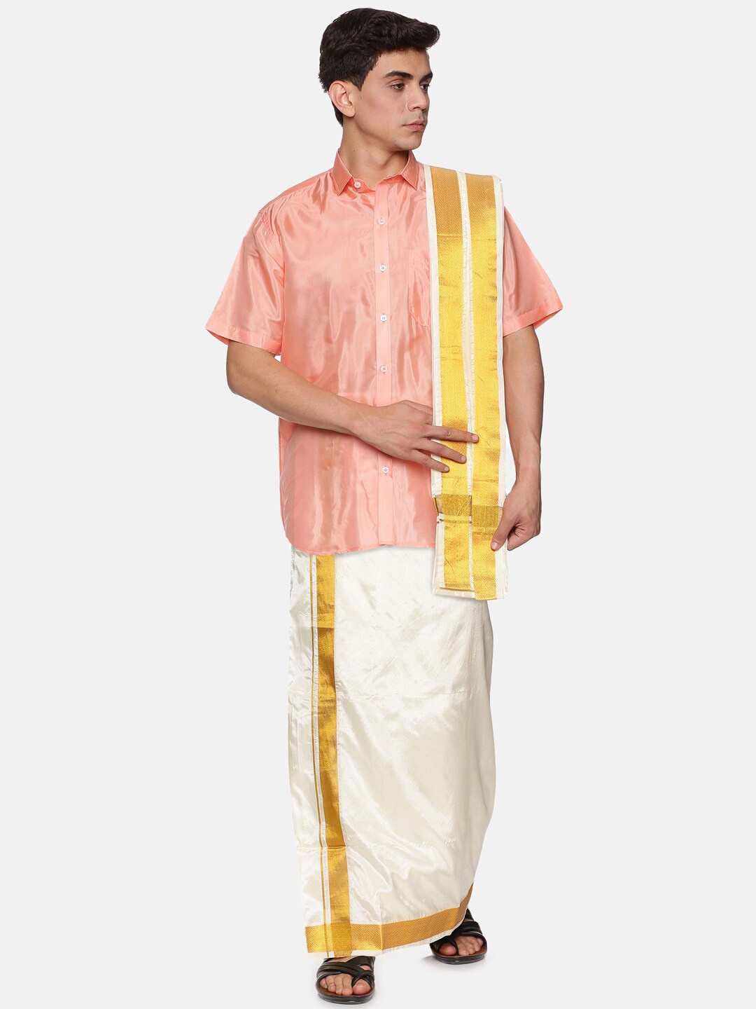 

Sethukrishna Men Peach-Coloured & White Shirt with Dhoti