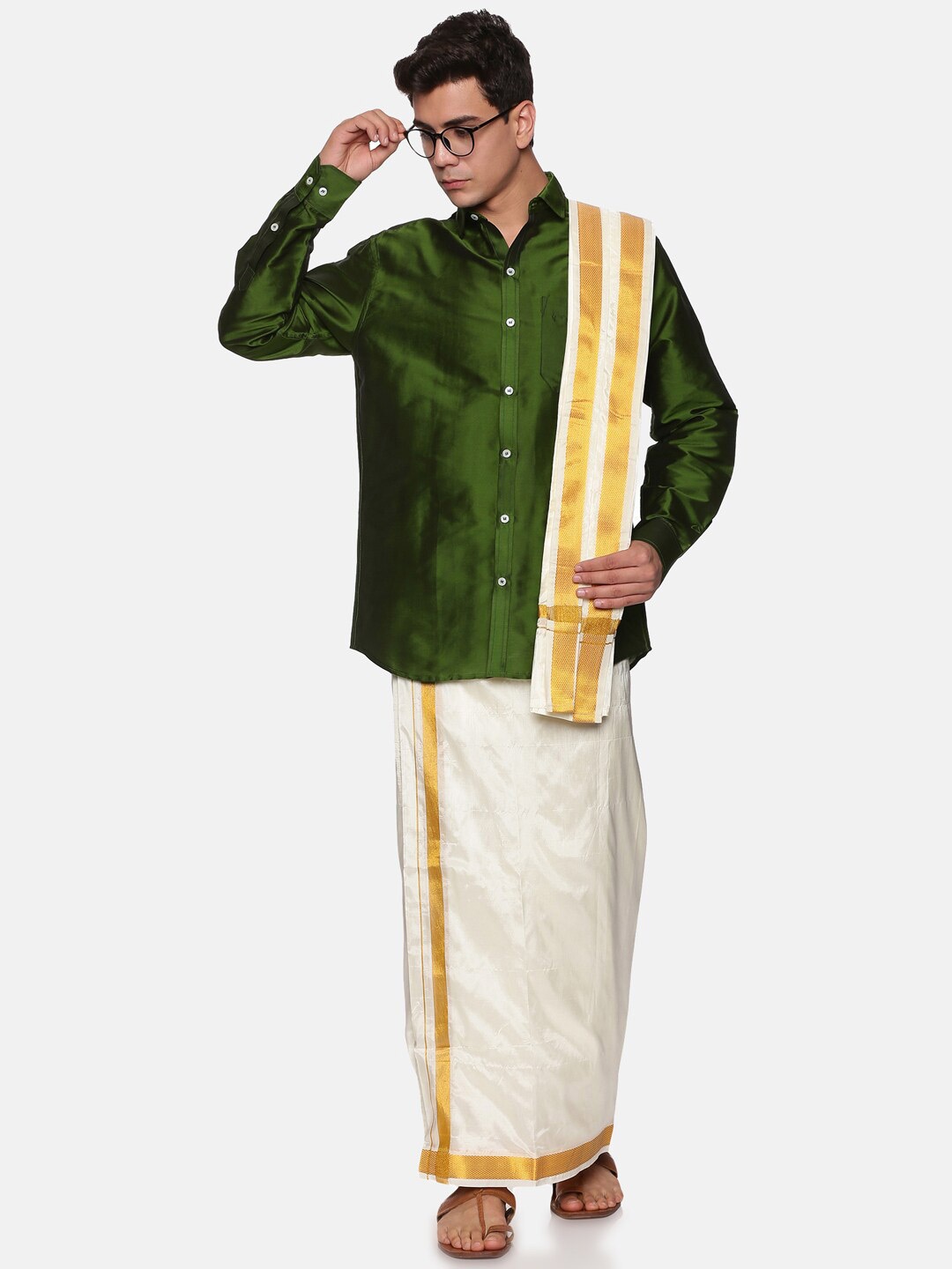 

Sethukrishna Men Olive Green & White Shirt with Dhoti Set