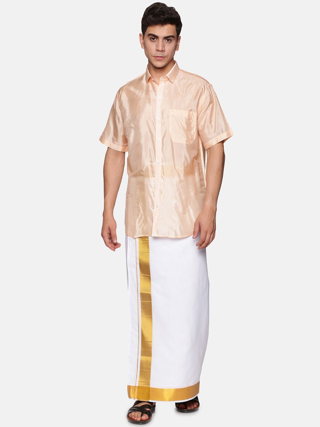 

Sethukrishna Men Peach-Coloured & White Shirt & Veshti Set