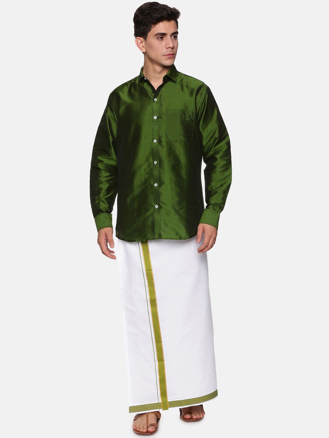 

Sethukrishna Men Olive Green & White Solid Pure Cotton Shirt with Dhoti