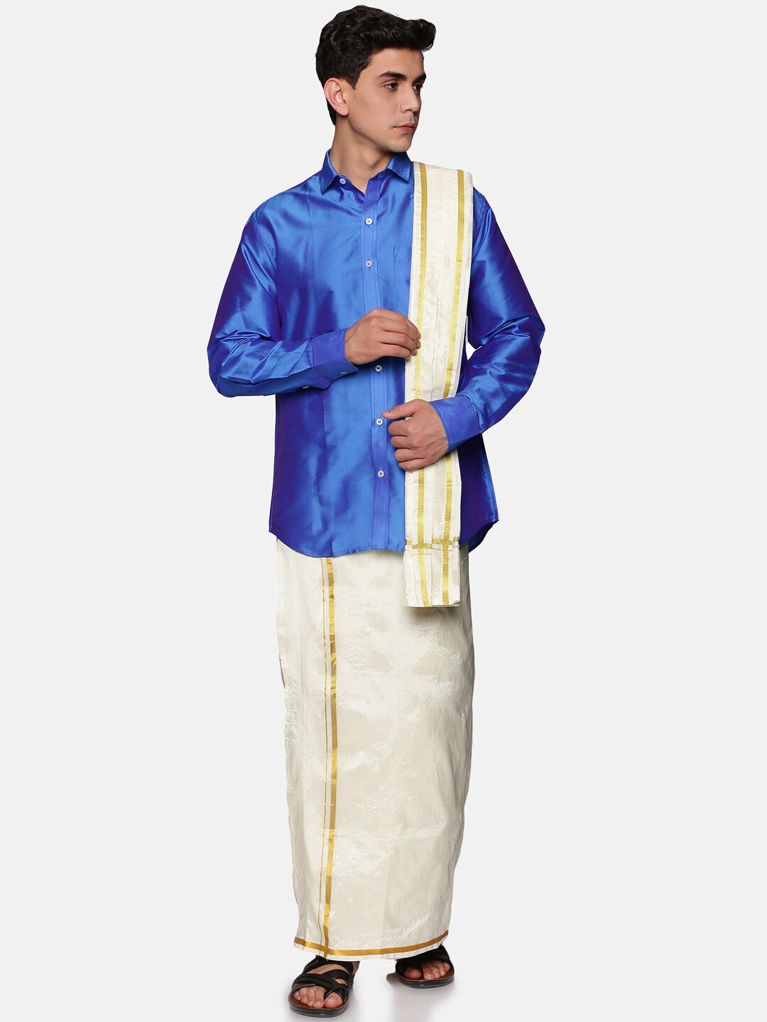 

Sethukrishna Men Blue & White Shirt with Zari Dhoti & Angavastram
