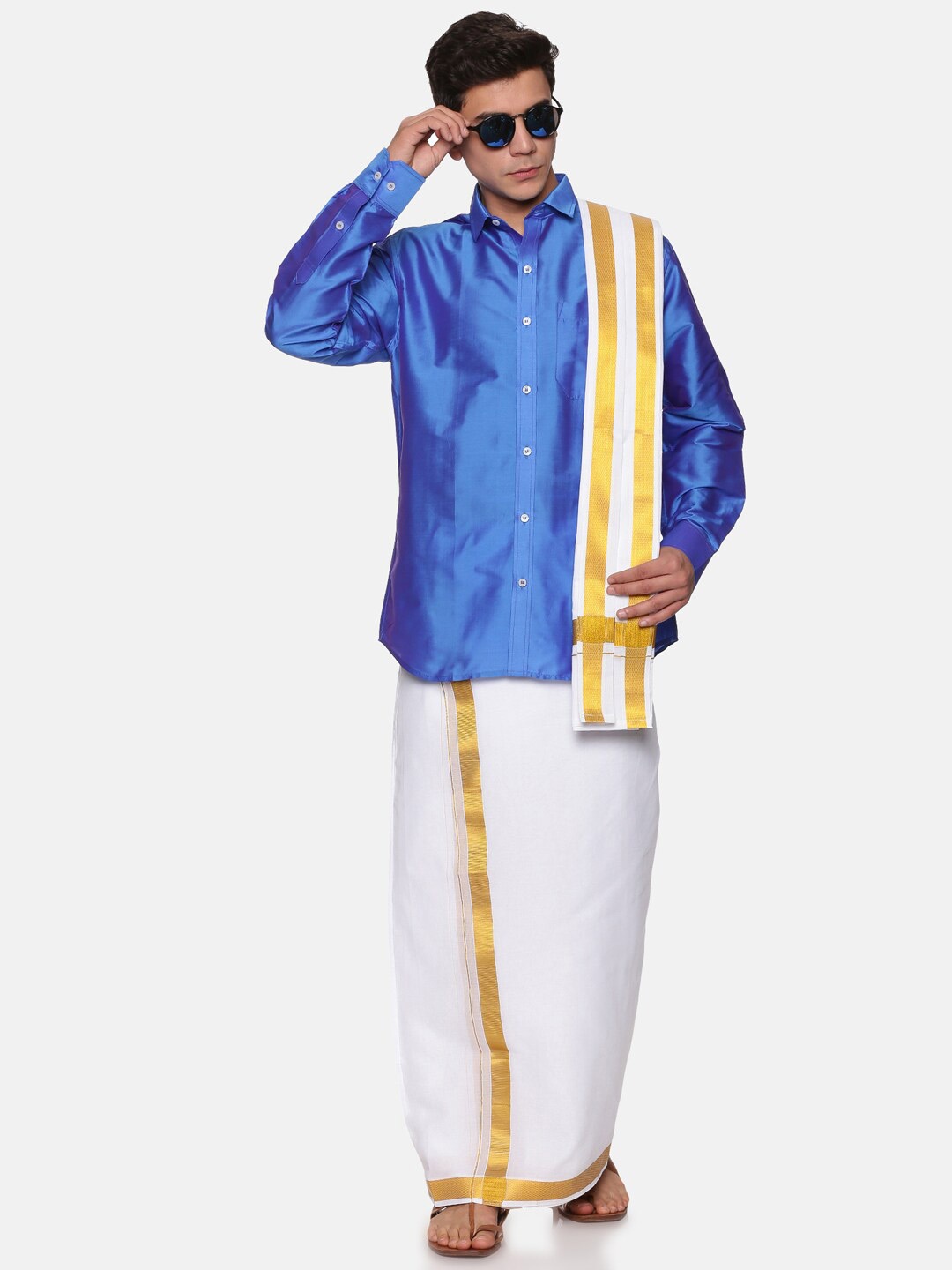 

Sethukrishna Men Blue & White Shirt & Dhoti with Angavastram Set