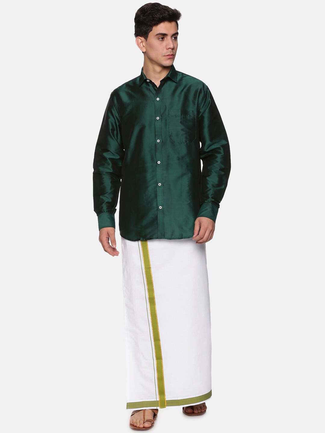 

Sethukrishna Men Green & White Solid Shirt with Dhoti