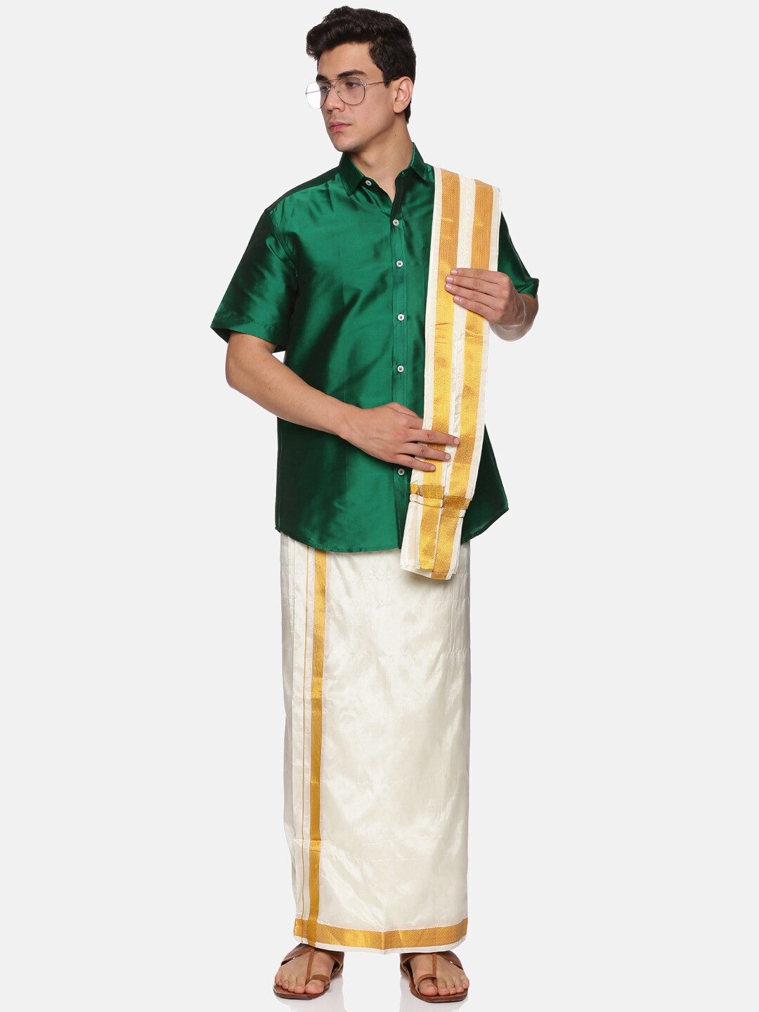 

Sethukrishna Men Green & White Shirt with Dhoti Pants