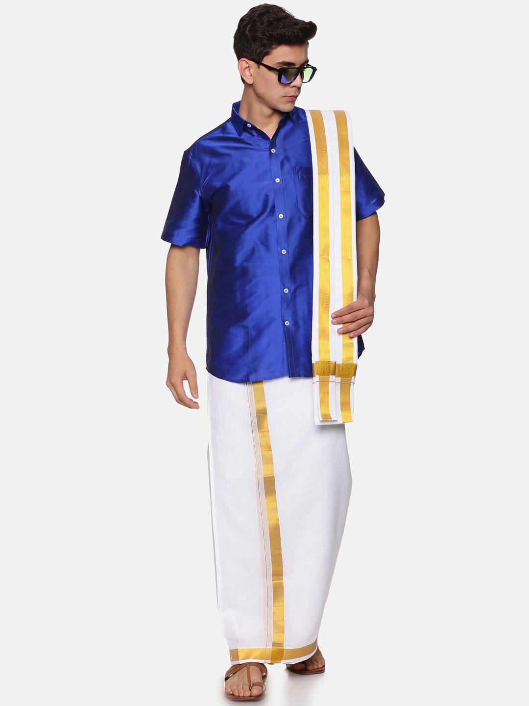 

Sethukrishna Men Blue & White Pure Cotton Shirt with Dhoti Pants