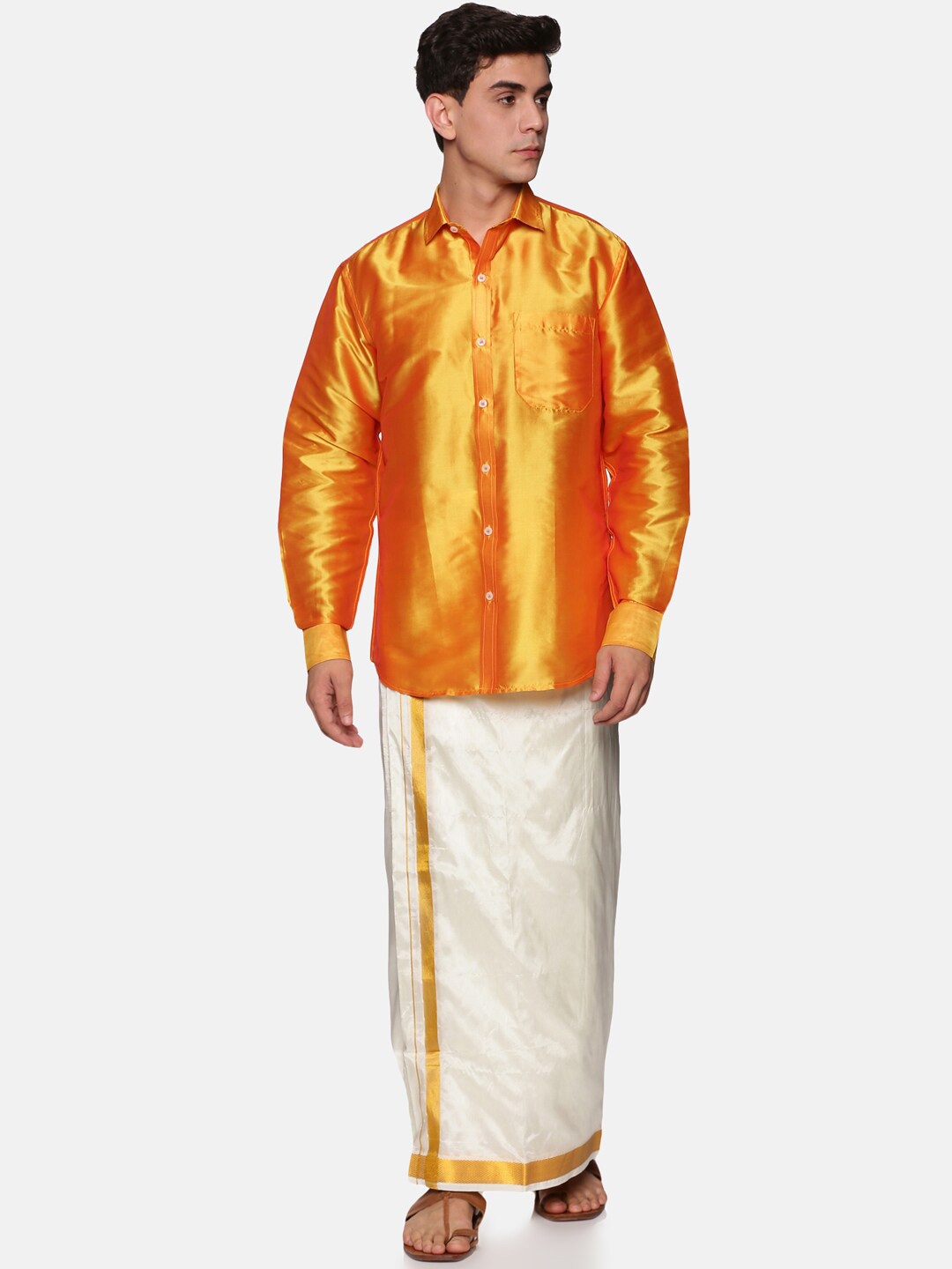 

Sethukrishna Men Yellow & White Shirt with Dhoti with Angavastram Set