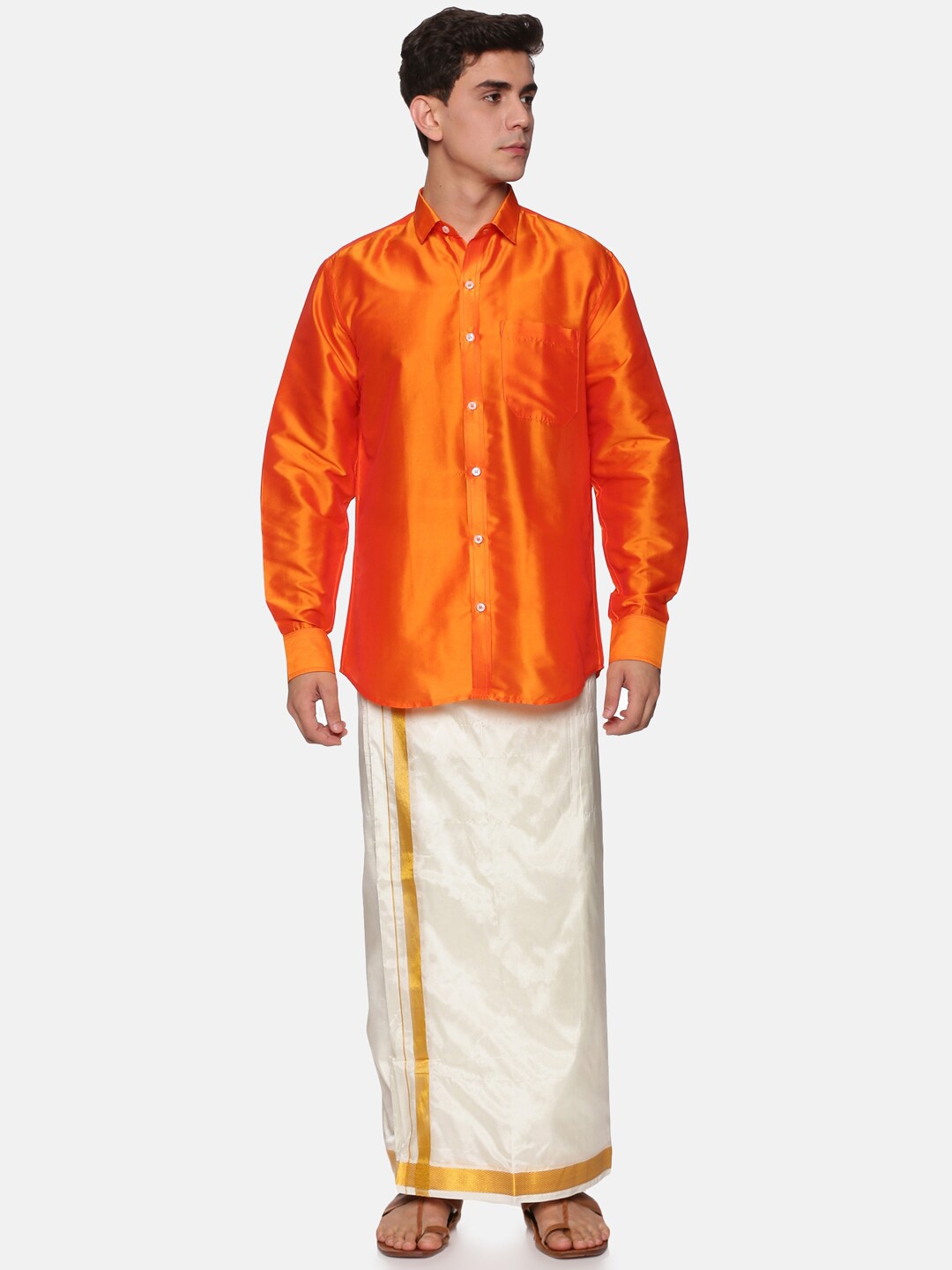 

Sethukrishna Men Orange & White Shirt with Dhoti Set