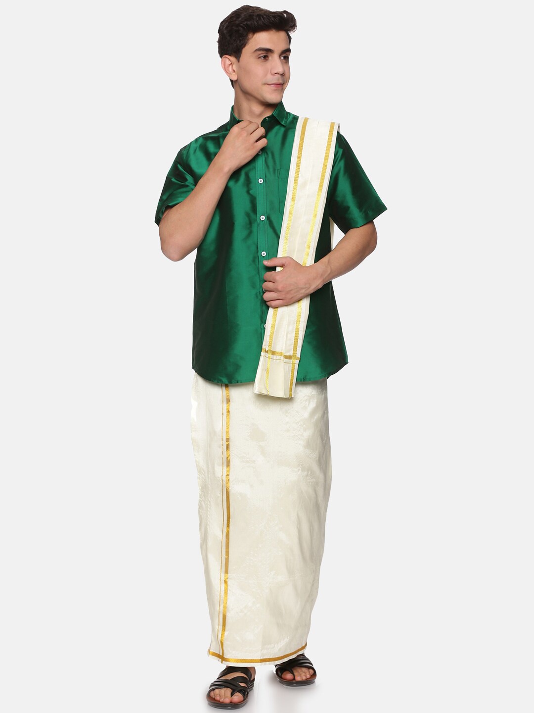 

Sethukrishna Men Green & White Shirt with Dhoti Pants