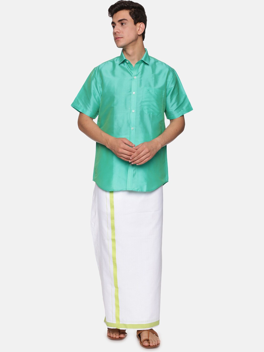 

Sethukrishna Men Fluorescent Green & White Shirt with Dhoti