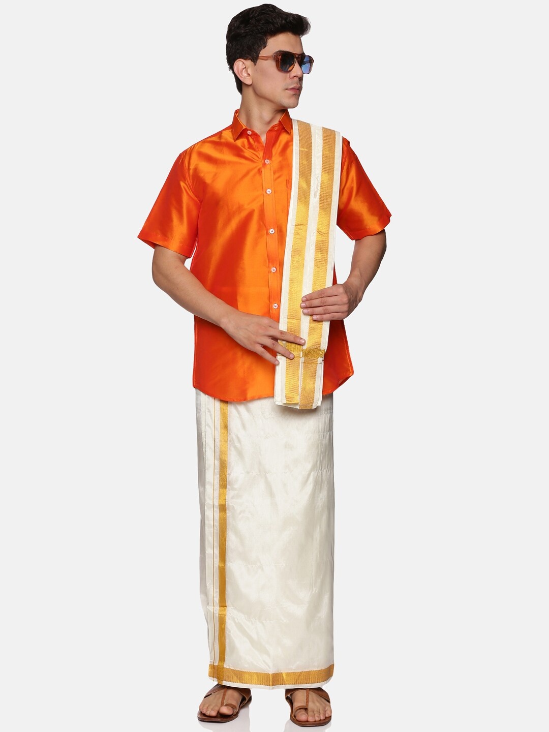 

Sethukrishna Men Orange & White Shirt with Dhoti Pants