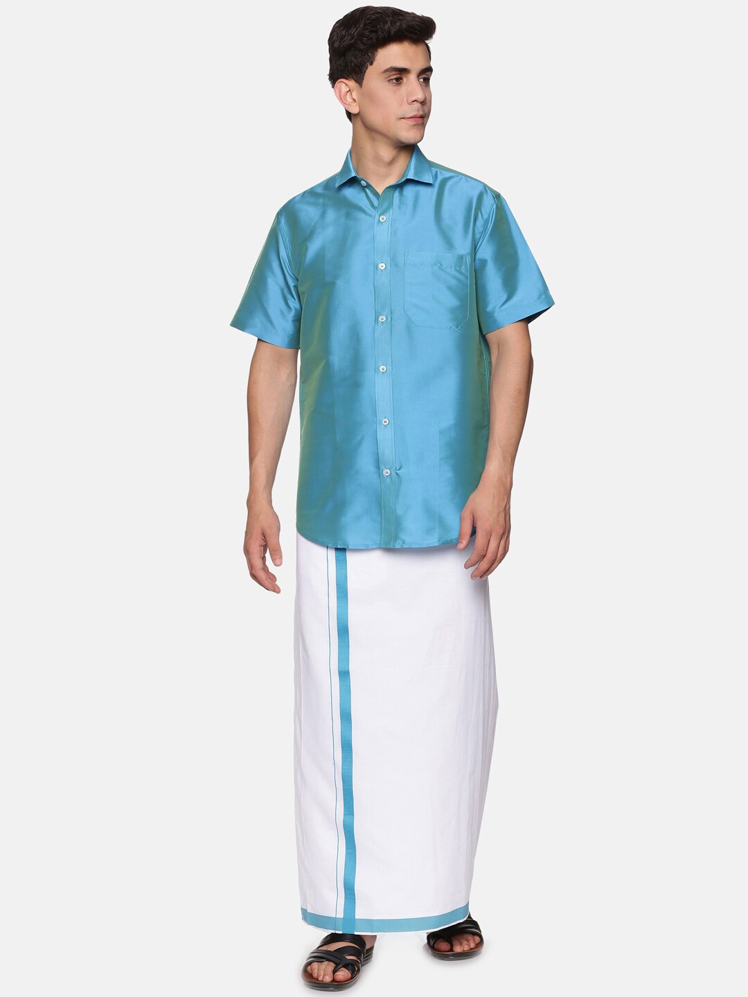 

Sethukrishna Men Turquoise Blue And White Shirt With Zari Border Veshti Dhoti Pant
