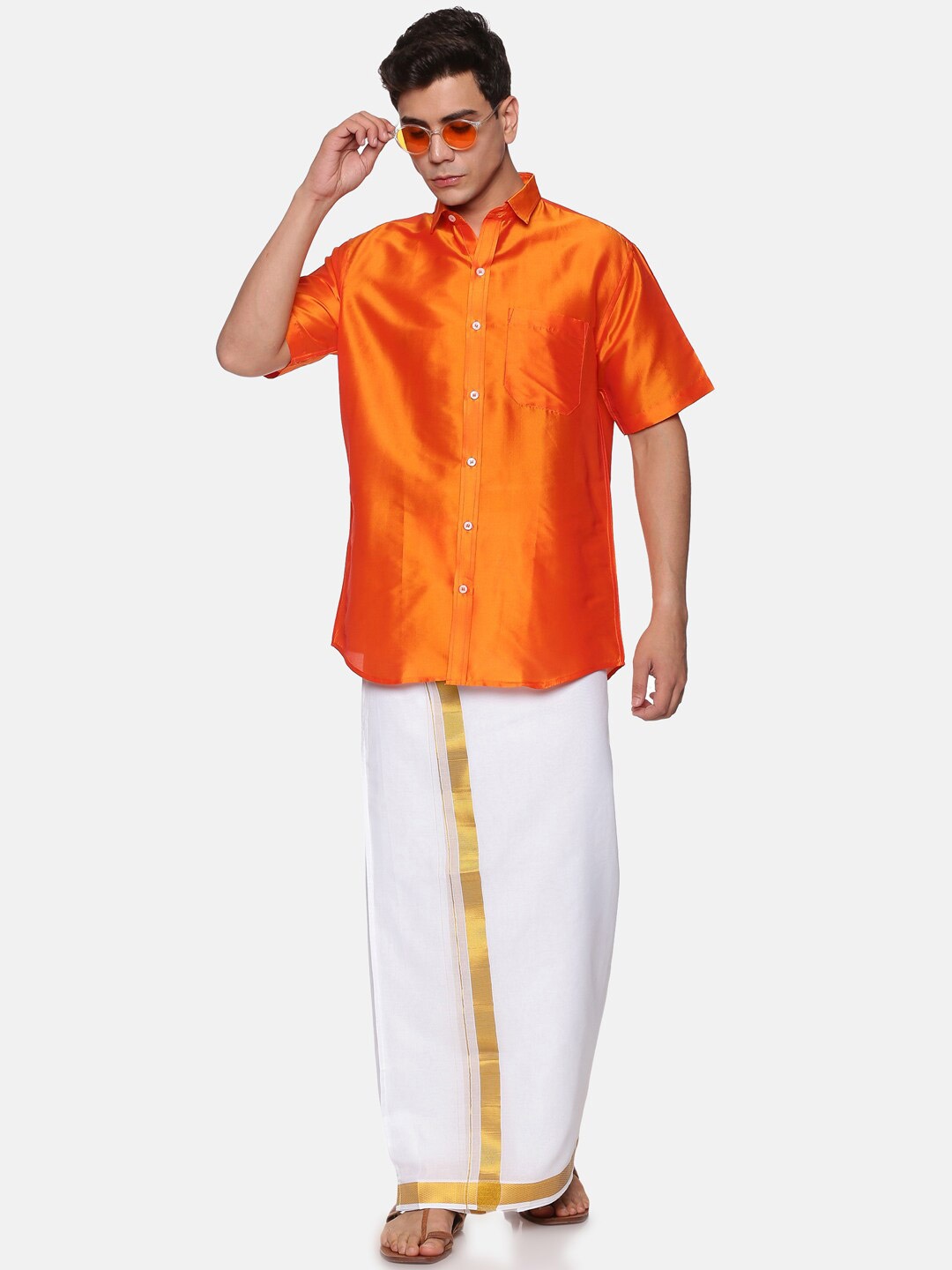 

Sethukrishna Men Orange & White Shirt & Dhoti Set