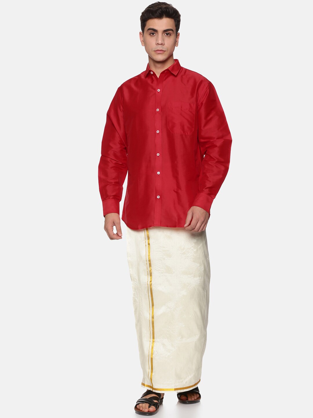 

Sethukrishna Men Maroon & White Solid Shirt with Dhoti