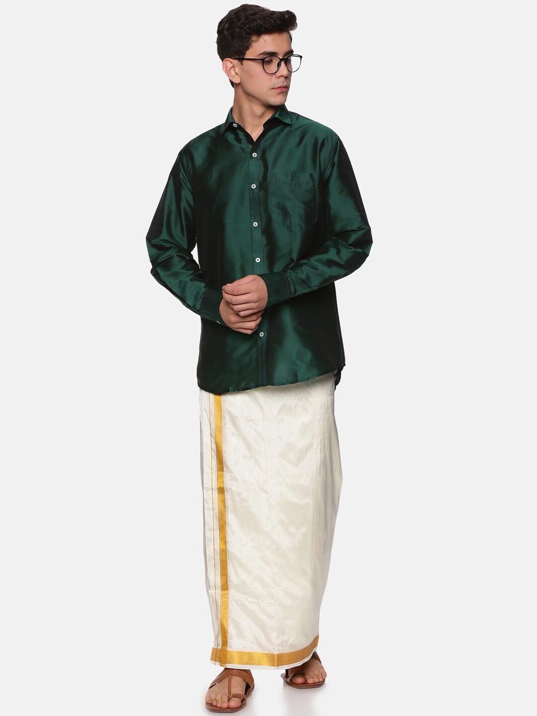 

Sethukrishna Men Green & Off White Shirt with Dhoti Set
