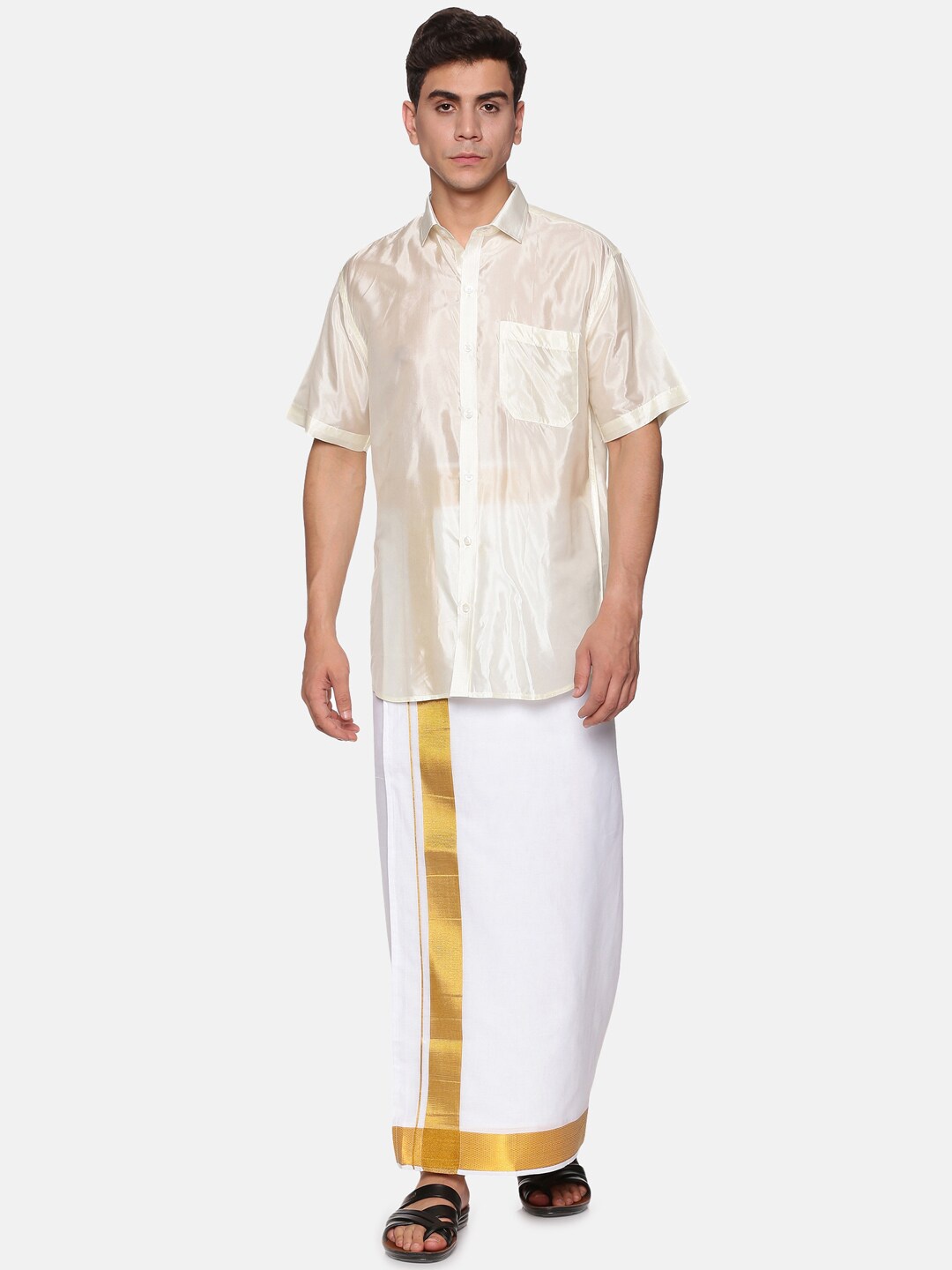 

Sethukrishna Men Cream-Coloured & White Pure Cotton Shirt with Dhoti Pants