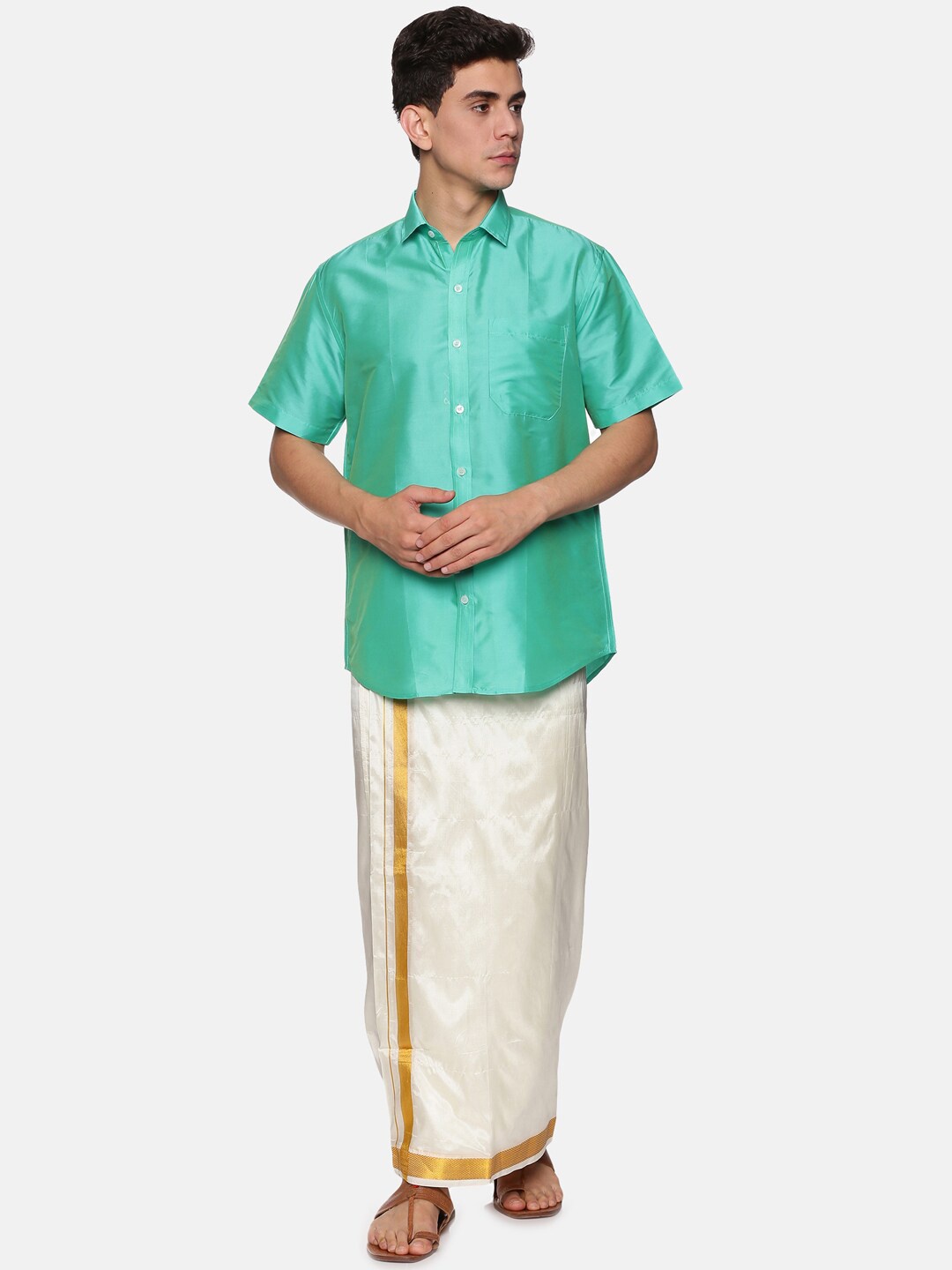 

Sethukrishna Men Fluorescent Green & White Shirt with Dhoti Pant
