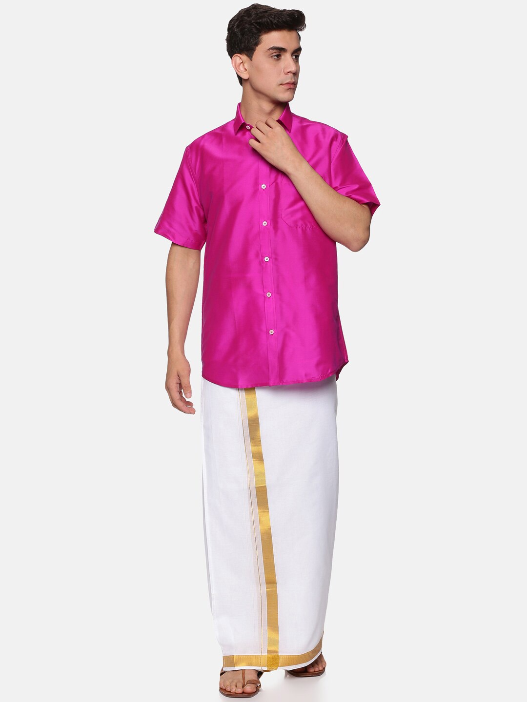 

Sethukrishna Men Pink & White Shirt with Dhoti Set