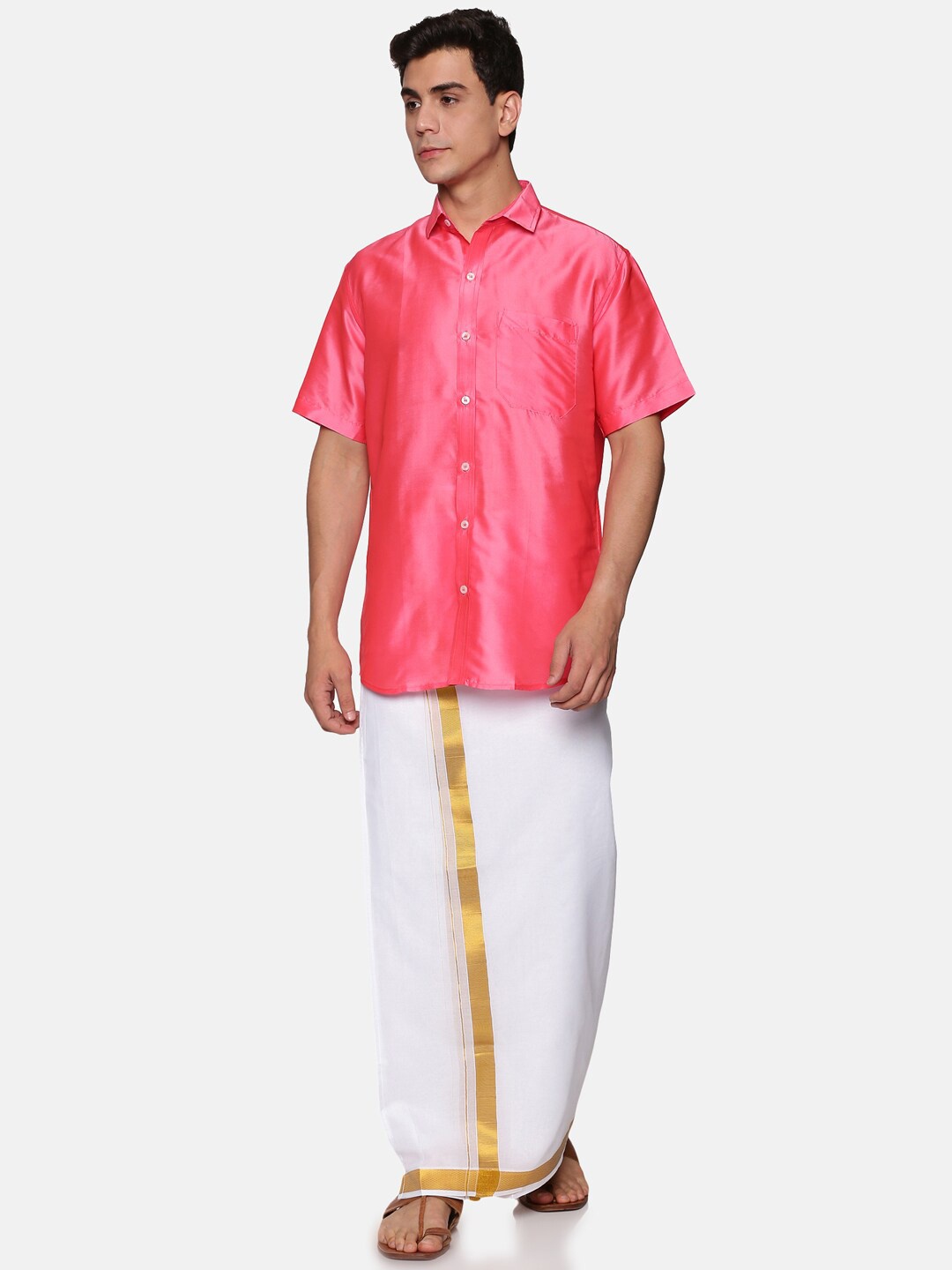 

Sethukrishna Men Pink & White Solid Shirt with Dhoti & With Angavastram