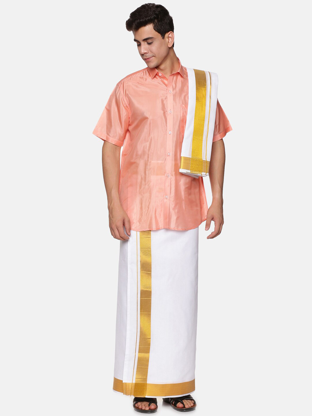 

Sethukrishna Men Peach-Coloured & White Shirt with Dhoti