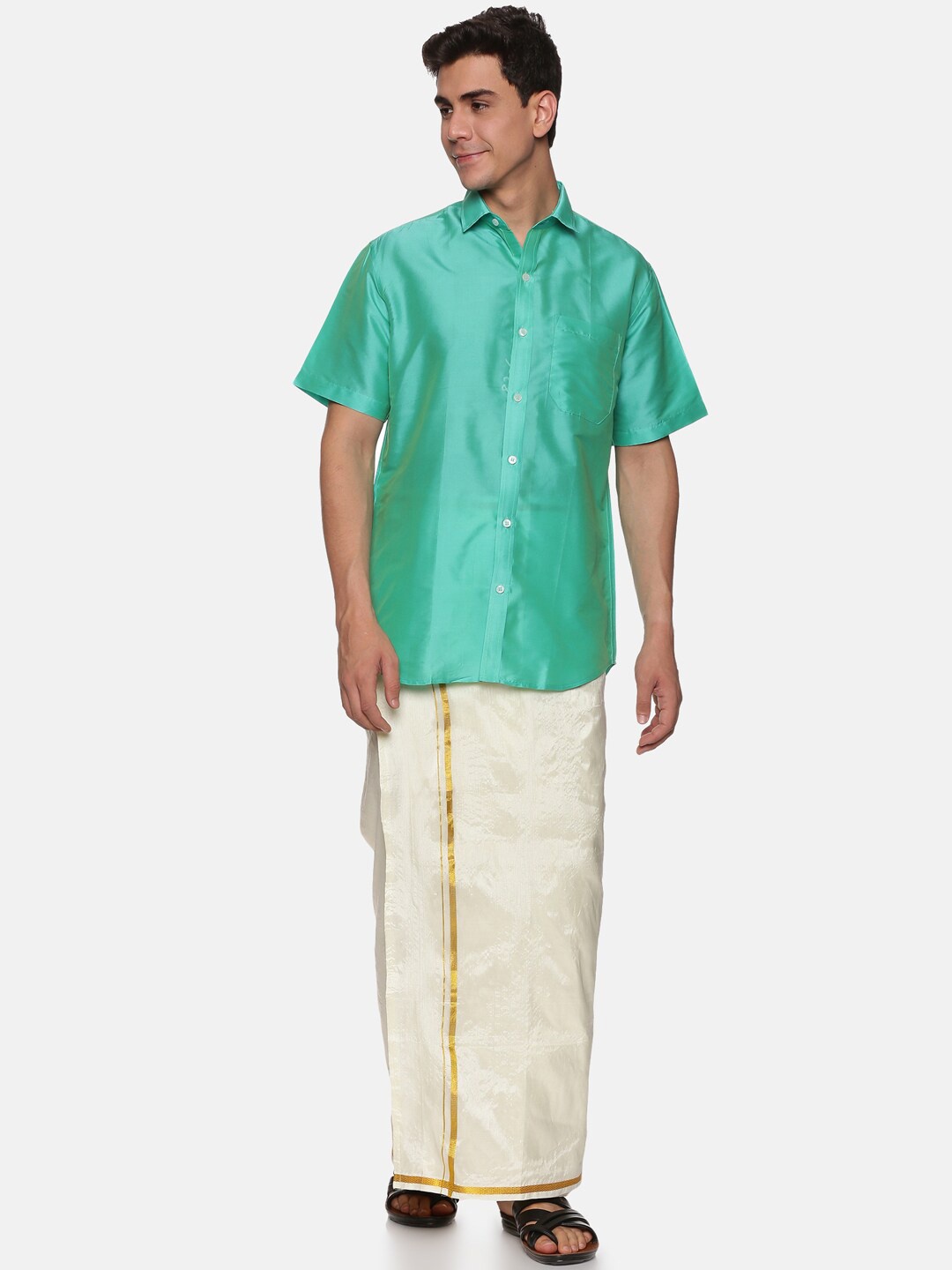 

Sethukrishna Men Sea Green & Cream-Coloured Shirt with Veshti