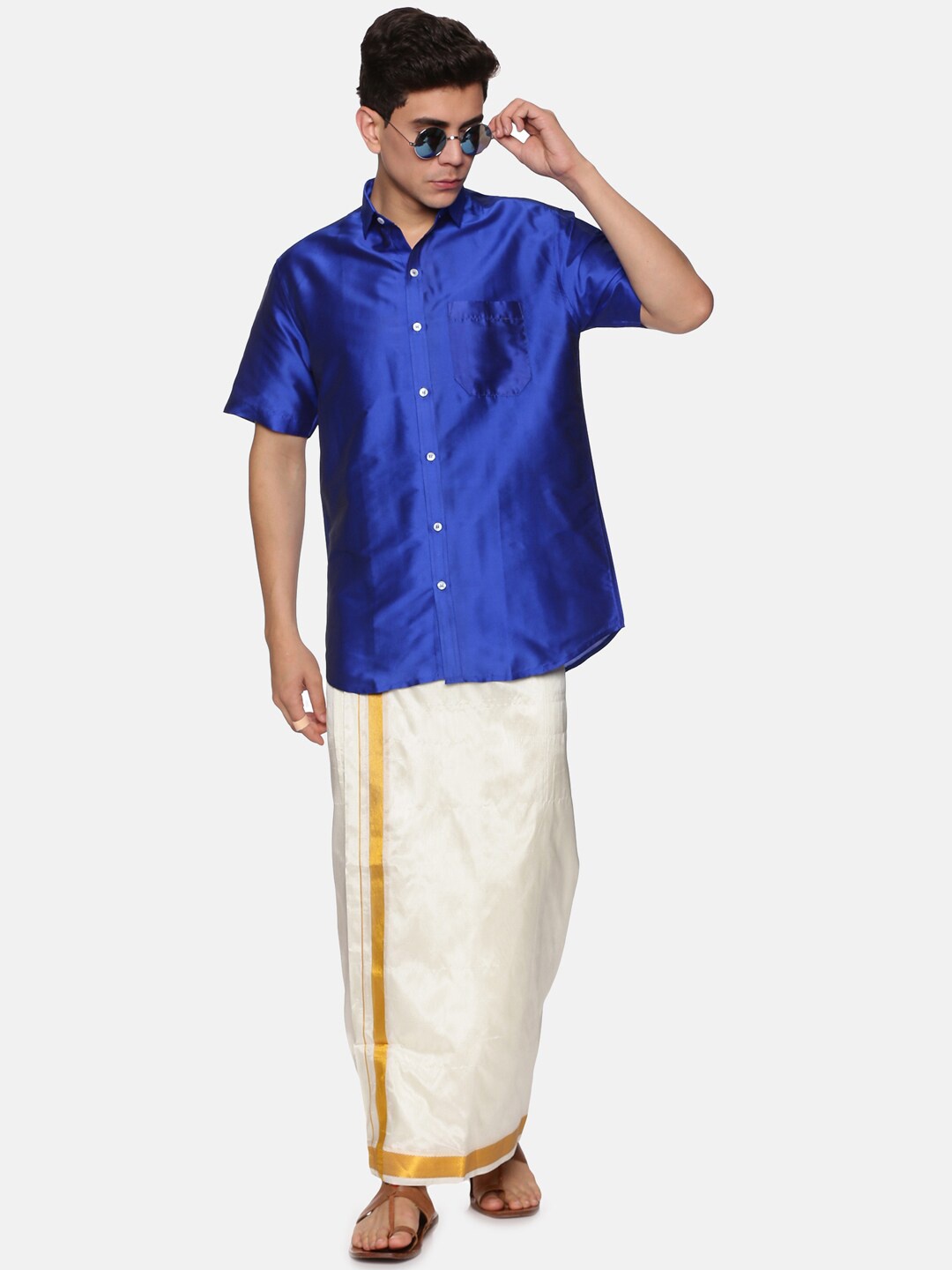 

Sethukrishna Men Navy Blue & White Shirt with Dhoti Pants