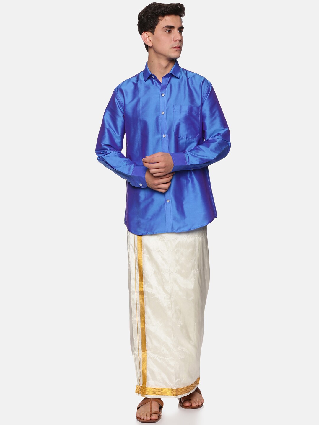 

Sethukrishna Men Blue & White Shirt & Dhoti Set