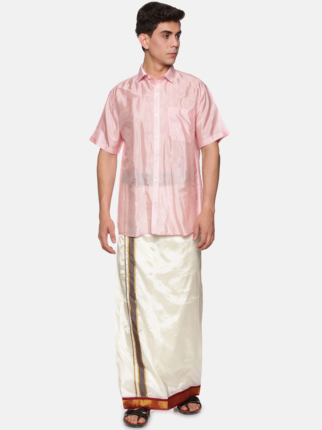 

Sethukrishna Men Pink Solid Shirt with Veshti Set