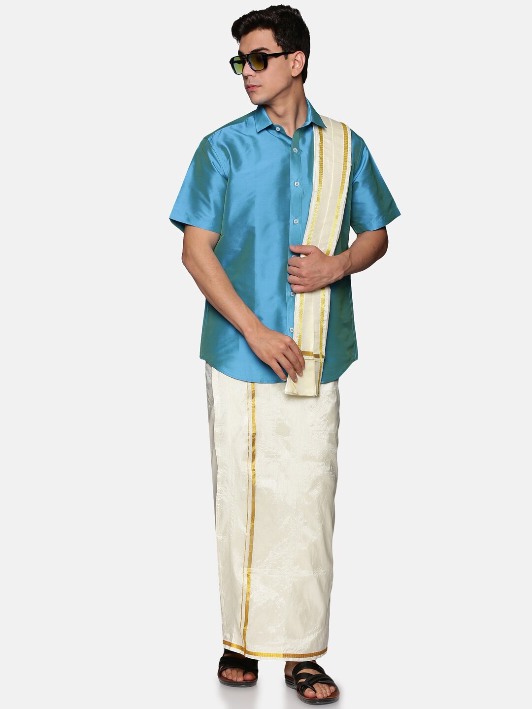 

Sethukrishna Men Turquoise Blue & White Solid Shirt with Dhoti & With Angavastram