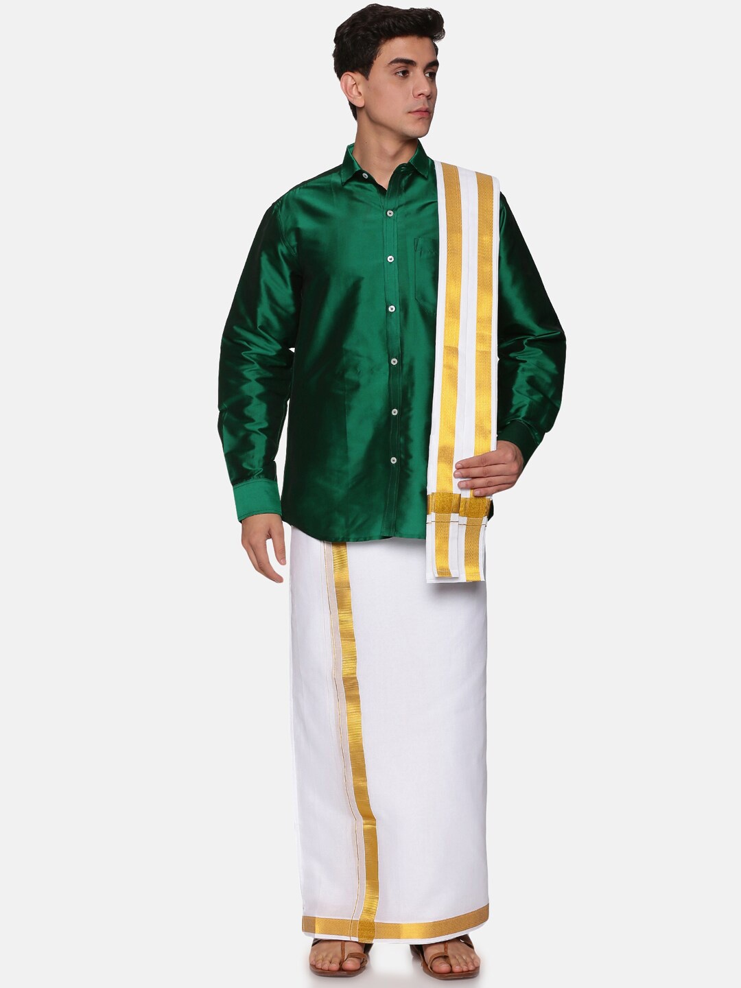 

Sethukrishna Men Green & White Shirt with Dhoti Set