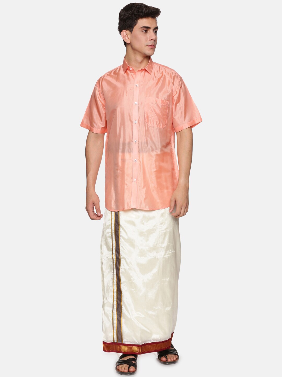 

Sethukrishna Men Peach & White Solid Short Sleeves Shirt with Dhoti