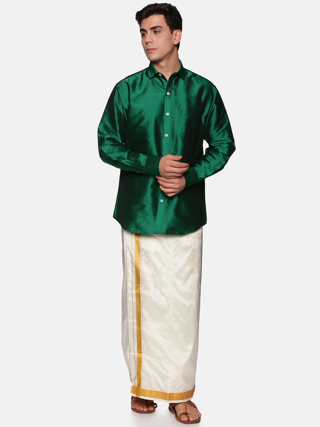 

Sethukrishna Men Green & White Shirt with Dhoti Pants
