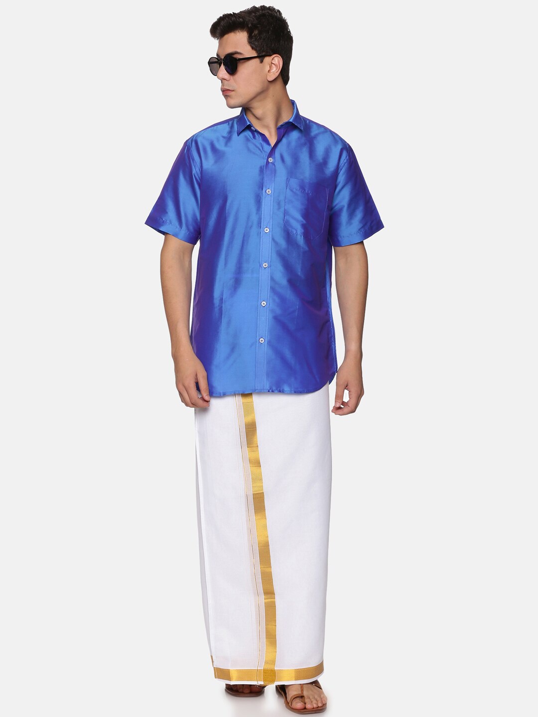 

Sethukrishna Men Blue & White Pure Cotton Shirt with Dhoti Pants