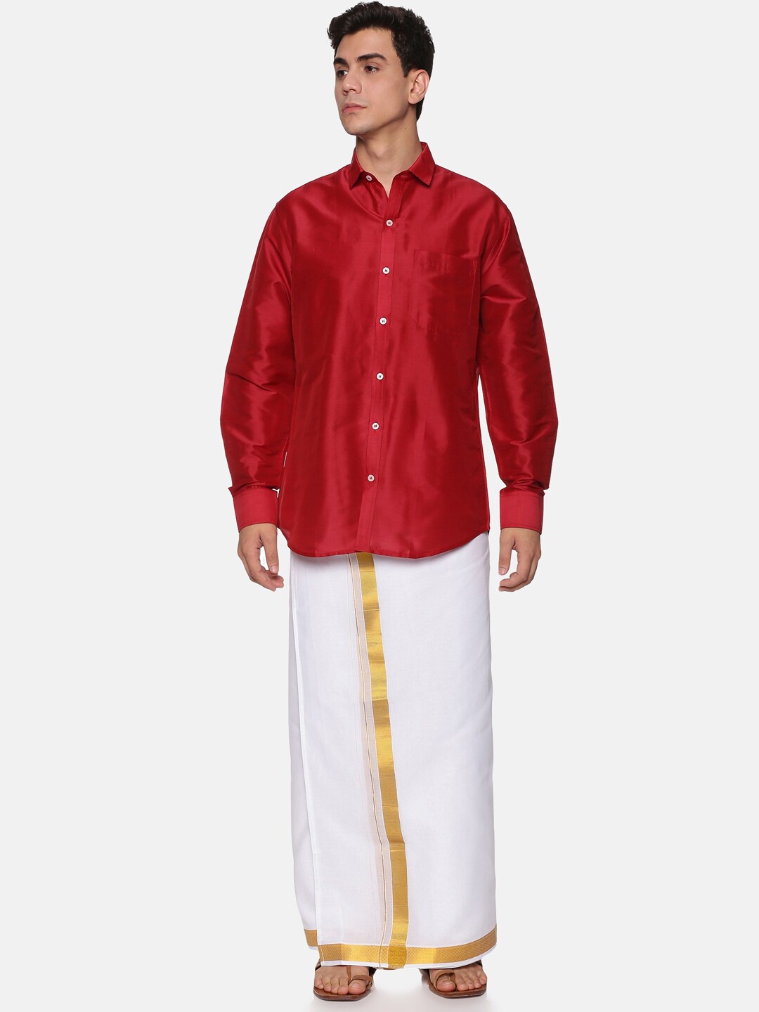 

Sethukrishna Men maroon & White Solid Shirt with Dhoti