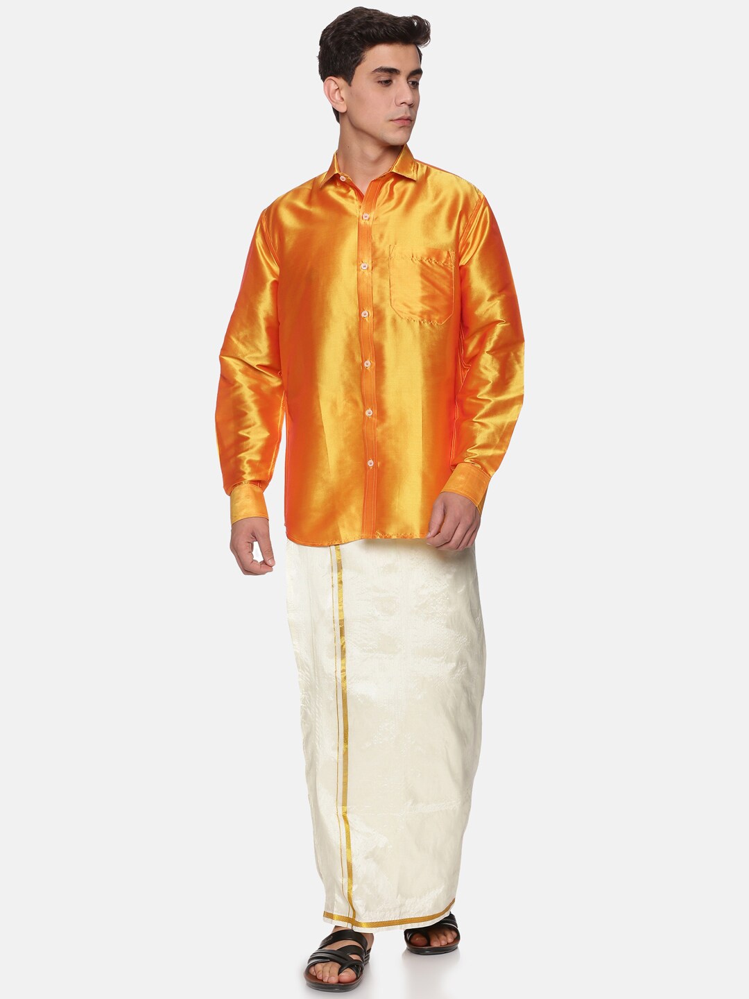 

Sethukrishna Men Yellow & White Shirt with Dhoti with Angavastram Set