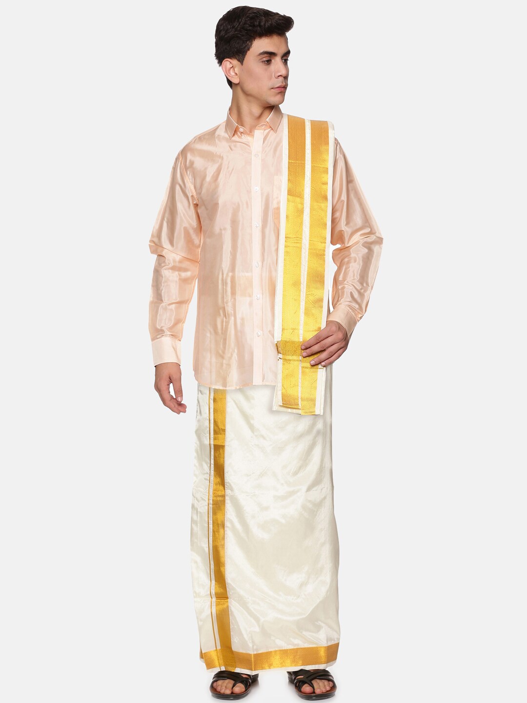 

Sethukrishna Men Peach-Coloured & White Shirt with Dhoti Pants