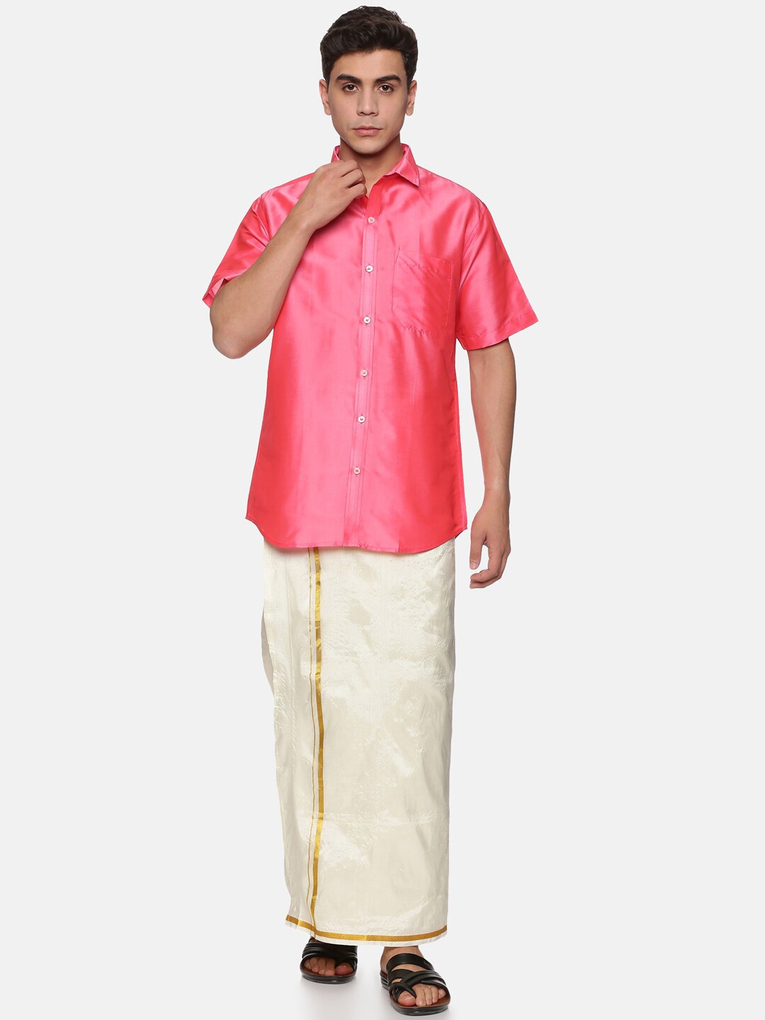

Sethukrishna Men Peach-Coloured & White Shirt with Dhoti