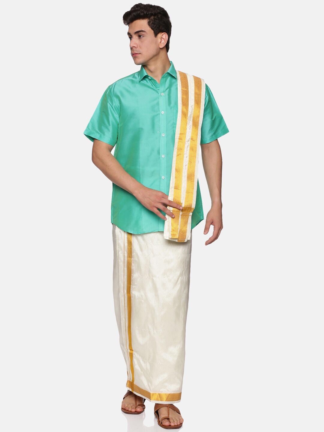 

Sethukrishna Men Fluorescent Green & White Shirt Dhoti with Angavastram Set